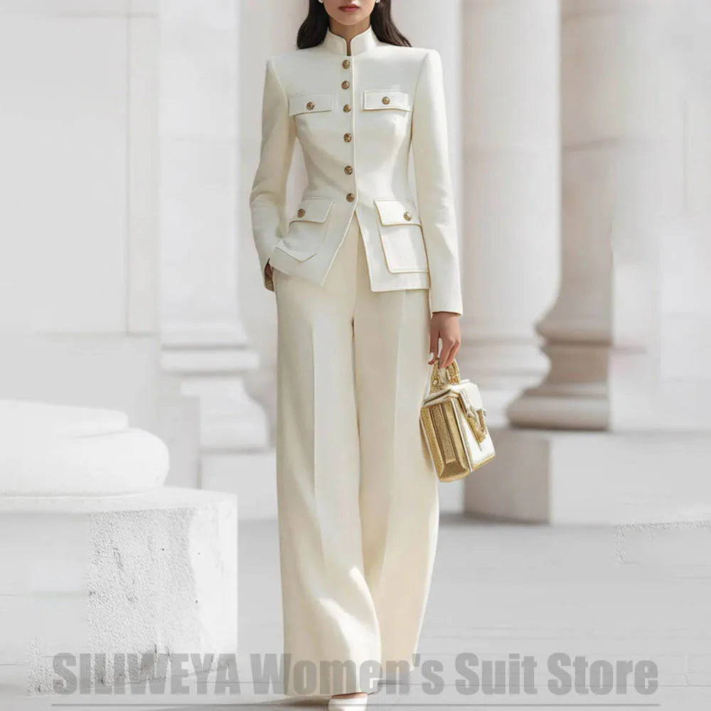 Women's Ivory Suit Mandarin Collar 2 Piece Military Style Gold Buttons Blazer Wide Leg Pants Wedding Party Prom Lady Suits