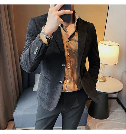 2023 Fashion Men's Corduroy Blazers Top Quality Business Casual Suit Jackets Slim Fit Wedding Groom Streetwear Social Dress Coat