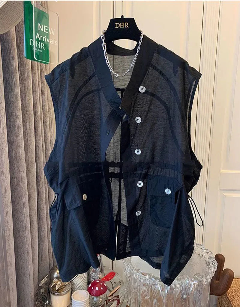 Summer Mid-Length Thin Vest Women Solid Casual V Neck Sleeveless Jackets 2025 Korean Loose Waistcoat Female Outwear
