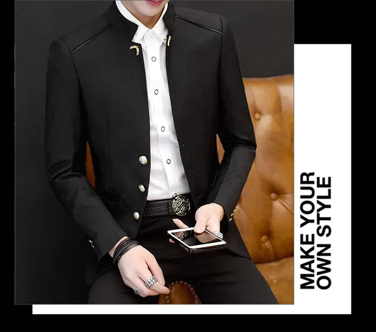 2024 Spring New Men's Stand Collar Casual Suit Jackets Youth Fashion Solid Color Stitching Three Button Mens Blazer Coats