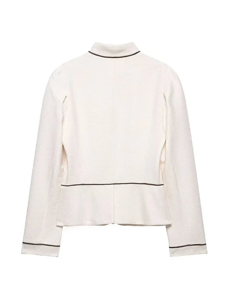 2026 Women Spring Elegant Single Breasted Stand Collar Long Sleeves Short Coat Woman Fashion Casual Beige Tweed Blazer Jacket