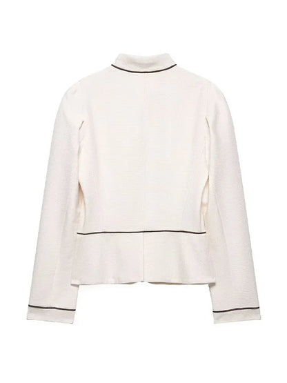 2026 Women Spring Elegant Single Breasted Stand Collar Long Sleeves Short Coat Woman Fashion Casual Beige Tweed Blazer Jacket