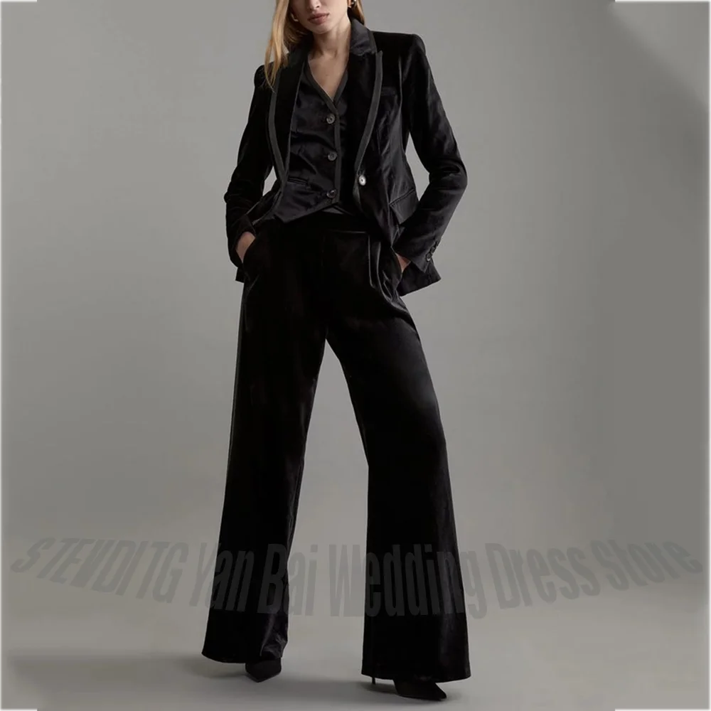 Black Velvet Suit For Women Chic Peaked Lapel Work Suit Three Pieces(Jacket+Vest+Pants) Formal Occasion Female Outfit Set