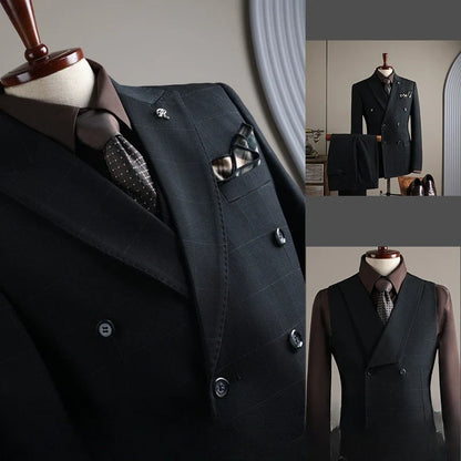 Black Men's 2-piece Suit Double Breasted Checkered Pattern Casual Business Formal Fashionable Slim Wedding Groomsman Dress Party