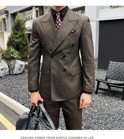 Men Vintage Luxury Double Breasted Slim Fit Lapel Evening Gown ltalian Style Fashion High-end Groom Wedding Party Tuxedo 2 Piece