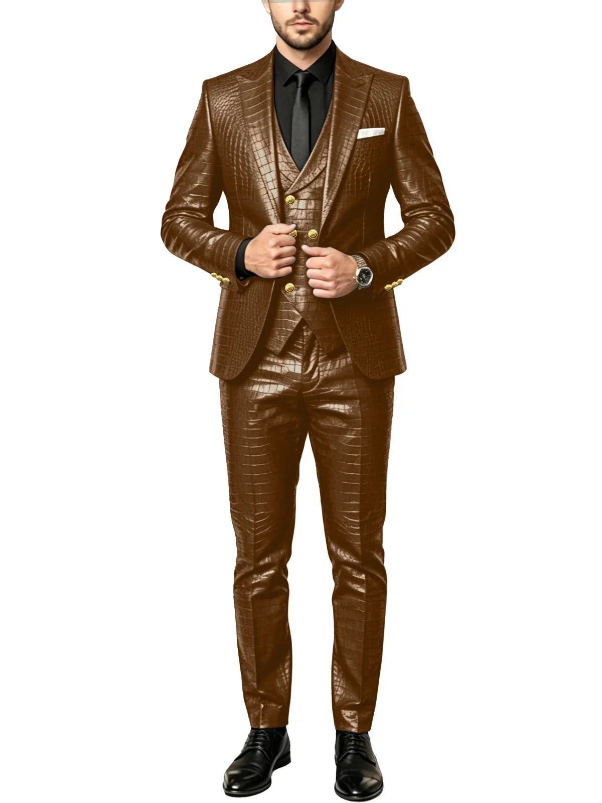 Men's 3 Piece Suit Crocodile Pattern Prime PU Leather Single Breasted Gold Buttons Slim Fit Wedding Dinner Party Formal Outfit ﻿