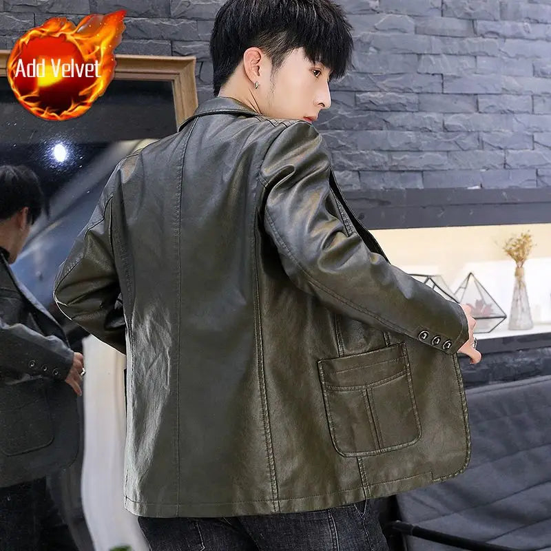 Men's Faux Leather Blazer Jacket Autumn Winter Warm Fleece Lined Casual Versatile Outerwear