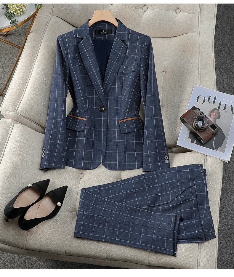 Apricot Plaid Pant Suits for Women Blazer British Style Capable Fashionable High-end Professional Clothing OL Clothes Suit Pants