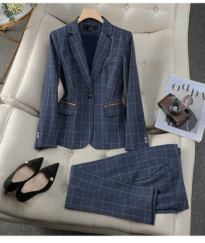 Apricot Plaid Pant Suits for Women Blazer British Style Capable Fashionable High-end Professional Clothing OL Clothes Suit Pants