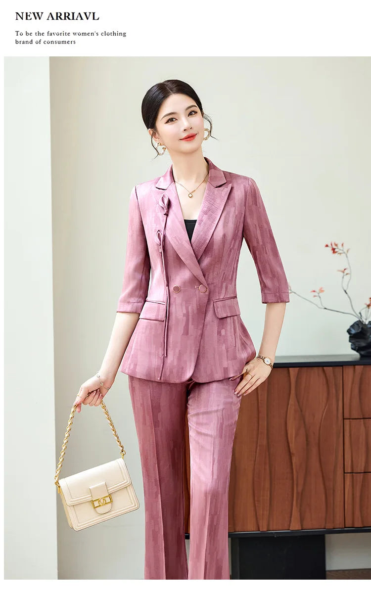 Spring Ladies Pant Suit Women Pink Wine Red Female Business Work Wear Half Sleeve Jacket and Trouser Formal 2 Piece Set Blazer