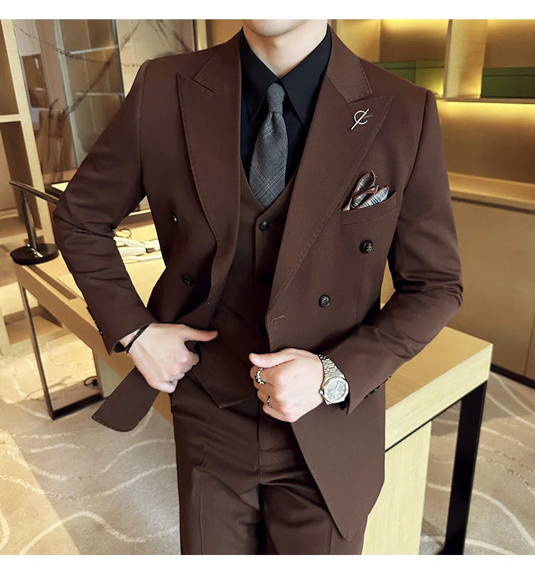 (Jackets +Pants ) Men's Suits 2 Piece High-Quality Double Breasted Lapel Solid Business Groom Wedding Tuxedo Banquet Clothing