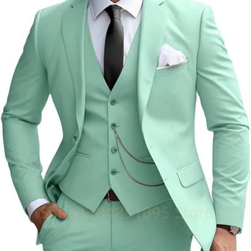 Elegant Mint Green 3 Piece Men's Suit Groom Tuxedos Business Suits Slim Fit Notch Lapel Blazer Vest Pants for Wedding Party Prom