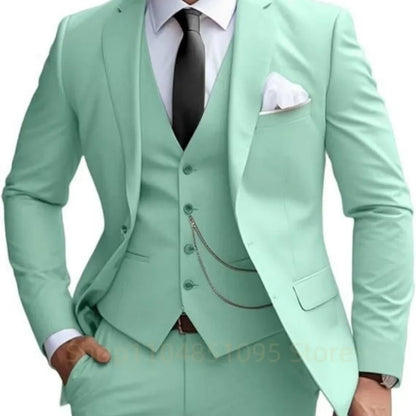Elegant Mint Green 3 Piece Men's Suit Groom Tuxedos Business Suits Slim Fit Notch Lapel Blazer Vest Pants for Wedding Party Prom