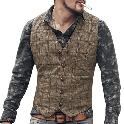 Men's Vest Gray Checkered Single Button V-Neck Waistcoat for Wedding & Business