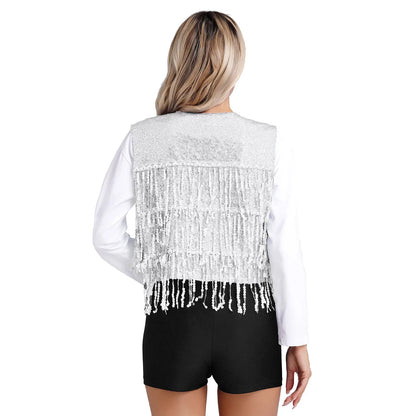 Women's Vest Glitter Tassel Sleeveless Waistcoat V Neck Open Front Shiny Sequins Vests for Jazz Dancing Music Festival Clubwear
