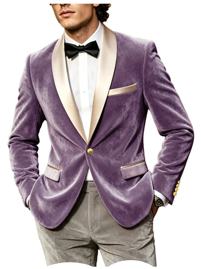Men Velvet Tuxedo Jacket Champagne Satin Shawl Lapel Slim Fit Blazer Wedding Groom Party Prom Formal Western Dinner Suit Coat