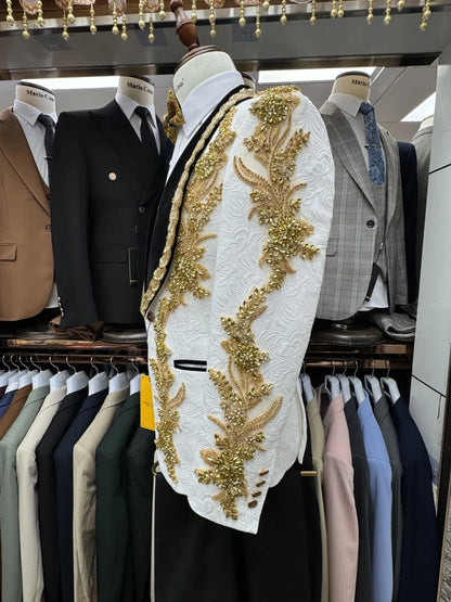 2026 New Jacquard Beaded Man Suit Set 3 Pieces Wedding Groom Sets Luxurious Shawl Lapel Men's Tuxedo Banquet Party Wear In Stock