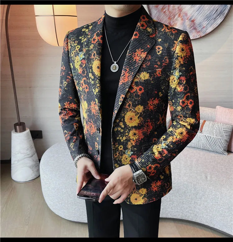 Luxury Art Jacquard Suit Jacket for Men Korean Version Business Casual Blazers Slim Fit Wedding Groom Social Dress Coats M-4XL