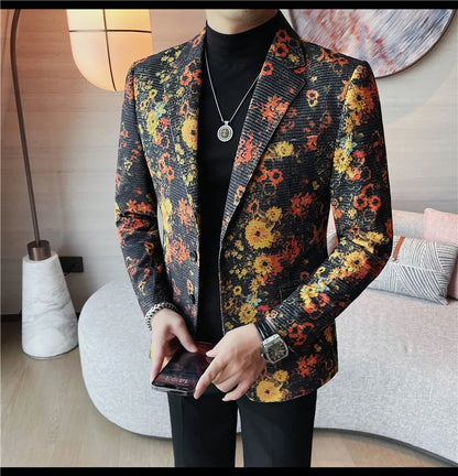 Luxury Art Jacquard Suit Jacket for Men Korean Version Business Casual Blazers Slim Fit Wedding Groom Social Dress Coats M-4XL