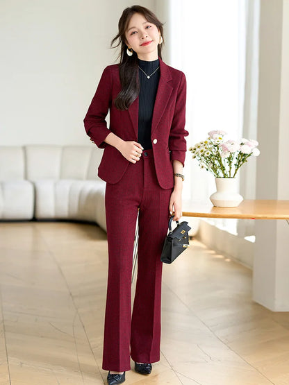 2024 Autumn Winter New Retro Plaid Woolen Blazer Coat And High Waist Flare Pant Two Piece Set Women's Suit Business Clothing