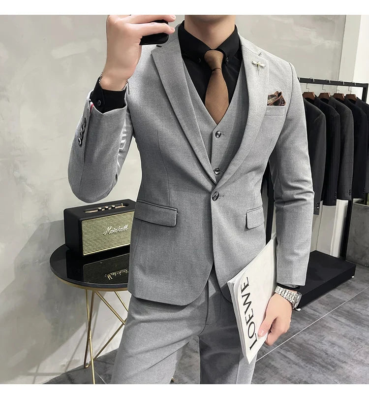 (Jacket +Vest+Pants) Plus Size 7XL-S Men Korean Slim Fit Groom Wedding Business Casual Tuxedo Mens Work Social Suit 3 Pieces