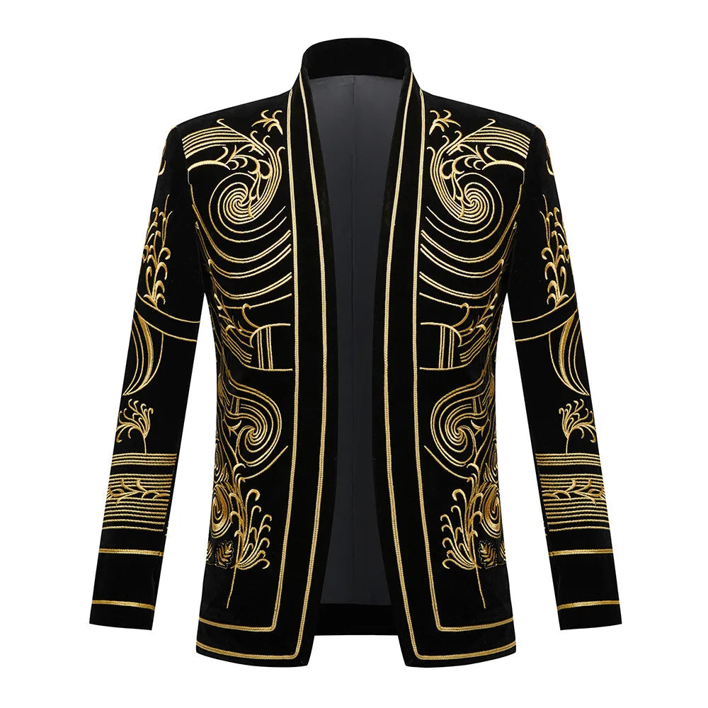 Male Gothic Style Mens Embroidery Velvet Court Blazers Cardigan Slim Fit Suit Jacket Bar Stage Singer Performance Tuxedo Costume