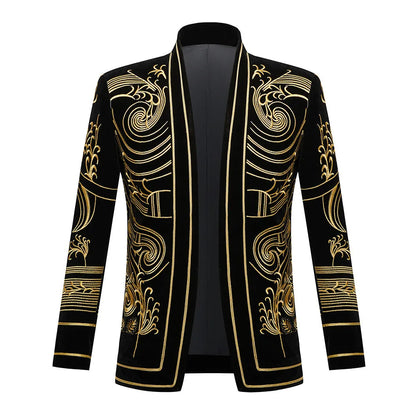 Male Gothic Style Mens Embroidery Velvet Court Blazers Cardigan Slim Fit Suit Jacket Bar Stage Singer Performance Tuxedo Costume