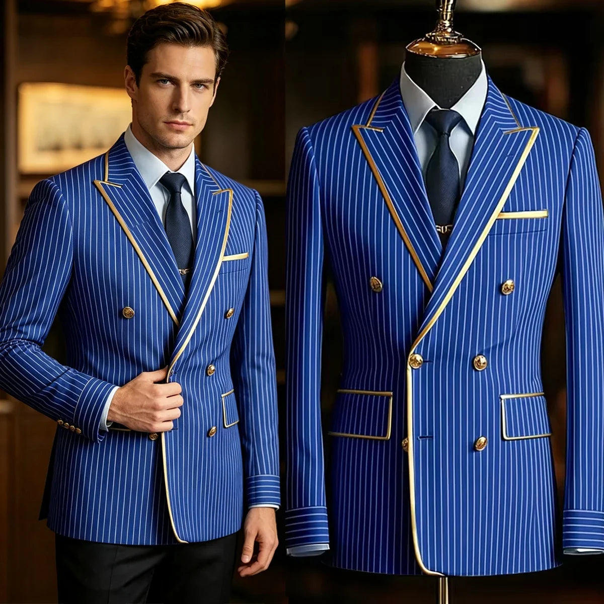 Pinstripe Double Breasted Peak Lapel Mens Suit Jacket Business Slim Fit Gold Trim Striped Coat Formal Wedding Prom Banquet Party