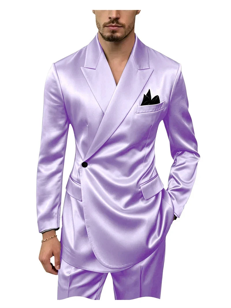 Men's 2 Piece Satin Suit Asymmetrical Wrap Peak Lapel Suit One Button Slim Fit Blazer Pants Wedding Formal Evening Luxury Outfit
