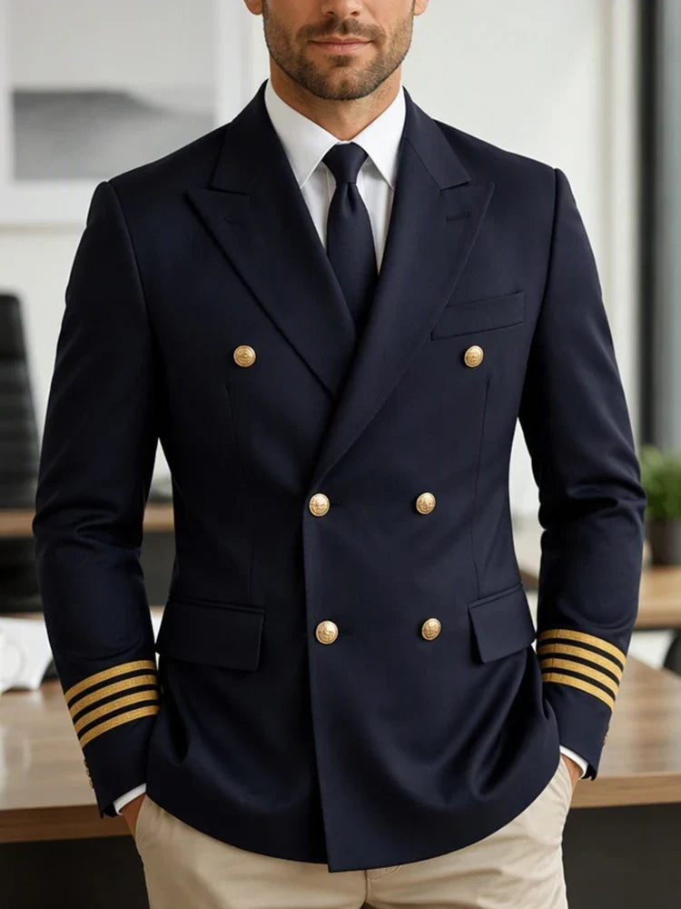 Men's Double Breasted Blazer Contrast Stripe Decor Notched Lapel Slim Fit Suit Jacket Fashion Party Office Business Male Coat