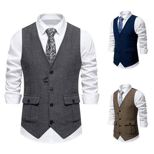 Men's Herringbone Vest Slim Fit Single Breasted Patchwork Waistcoat for Casual and Smart Occasions