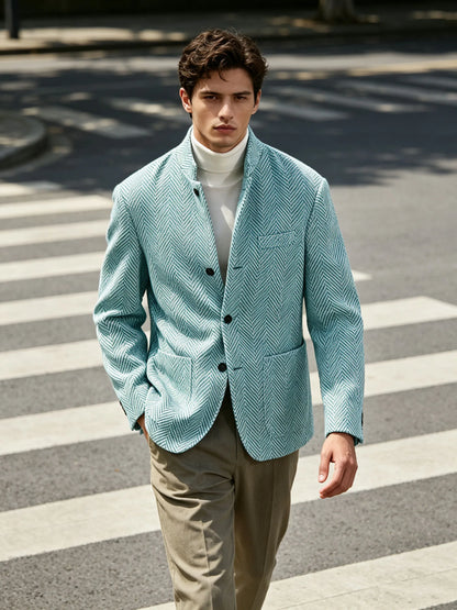 Men's Herringbone Tweed Stand Collar Blazer  Notch Lapel Slim Fit Wool Blend Sport Coat Business Casual Wedding Prom Man Jackets