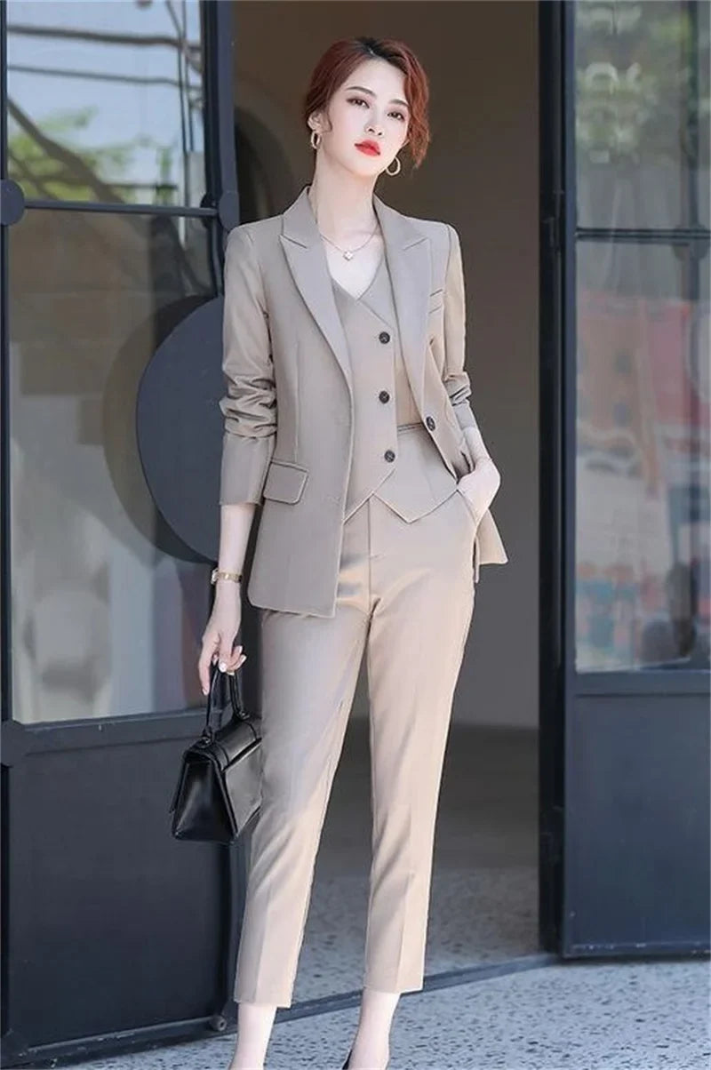Lady Solid Lapel Blazer Suit Full Sleeve V-neck Single Breasted Straight Leg Pants Suits 2026 Fashion New Office Commute Outfit