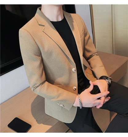 2025 Spring New Waffle Suit Coats Men Slim Fit Business Casual Blazer Jacket Homme Formal Groom Prom Wedding Tuxedo 4XL-M