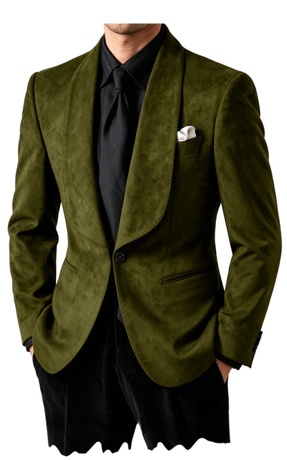 Luxury Men's Faux Suede Blazer Shawl Lapel 1 Button Slim Fit Tuxedo Jacket Business Casual For Wedding Party Prom Suit Coat