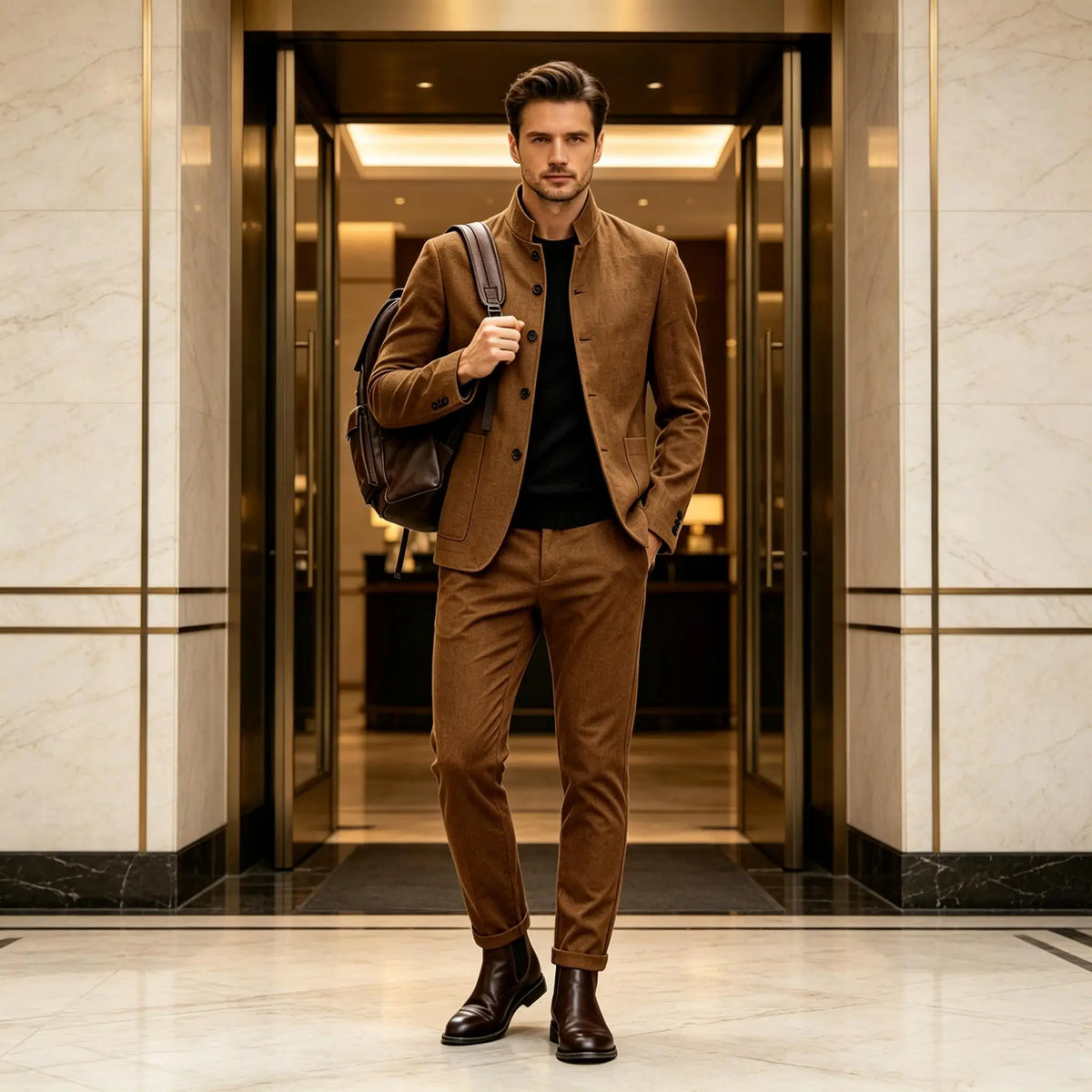 Men Stand Collar Linen Blazer Set Slim Fit 2 Pieces Jacket Pants Breathable Wrinkle‑Resistant Vintage Casual Business Outerwear