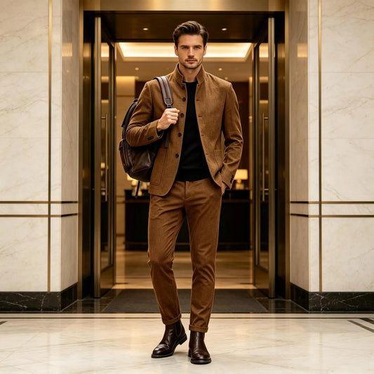 Men Stand Collar Linen Blazer Set Slim Fit 2 Pieces Jacket Pants Breathable Wrinkle‑Resistant Vintage Casual Business Outerwear