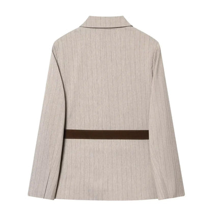Women Khaki Striped Blazer Jacket Y2k 2000s Vintage Suit Coat Long Sleeve Single Breasted Oversize Outerwear Spring Autumn 2025