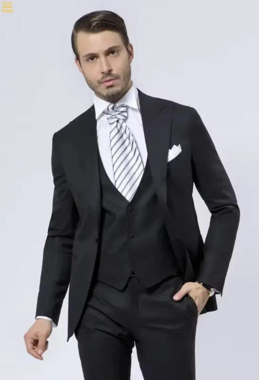 3 Piece Slim Fit Black Men's Peak Lapel Blazer Single Breasted Button Coat  Wedding Men Suits Business Dinner Casual Tuxedos