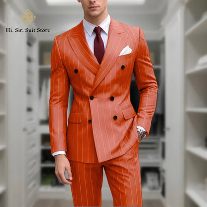 Men's 2-Piece Slim Fit Double-Breasted Striped Suit Set for Men – Wedding, Business & Formal Occasions