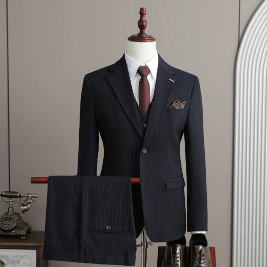 Men's Linen 3-Piece Slim Fit Suit – Blue & Beige | Peak Lapel Wedding Suit