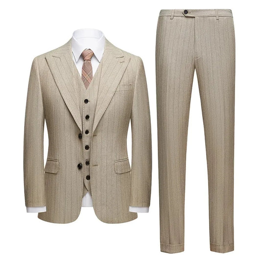 Men's Three-Piece Slim Fit Striped Suit – England Style, Wedding & Business, Dark Grey/Khaki