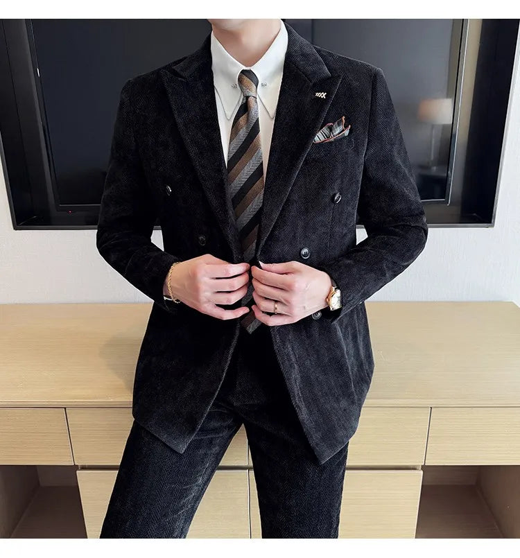 2025 Winter Woolen Men's Wedding Groom Suit Double Breasted Suit 3 Piece Set Business Casual Office Work Party Prom Dress Suits