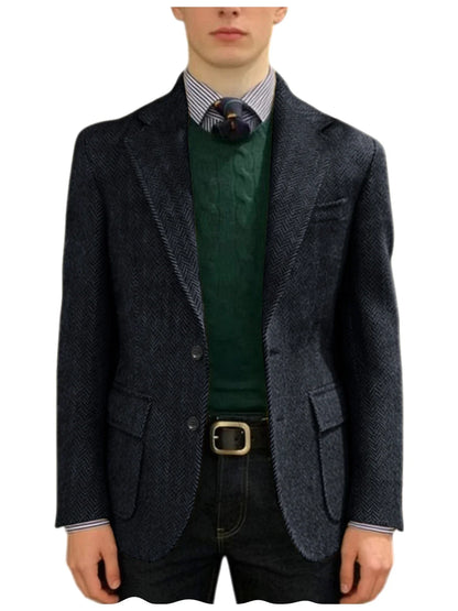 Men's Herringbone Tweed Blazer Classic Fit 2-Button Notch Lapel Flap Pockets Suit Jacket Casual Daily Business Men Sport Coat