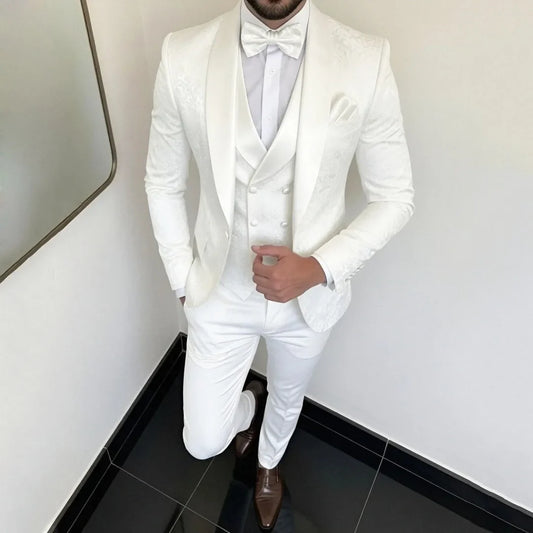 Men Suit White 3 Piece With Lapel Floral Pattern For Wedding Groom Birthday Banquet Party Business Work Office Jacket Vest Pants