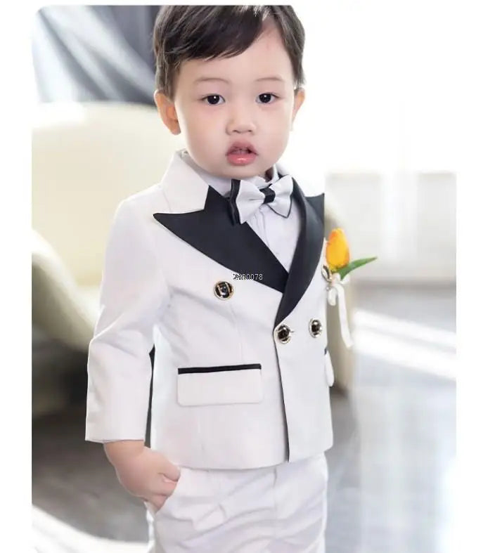 Children White Wedding Suit Prince Kids Jacket Pants Photograph Suit Flower Boys Tuxedo Dress Baby 1 Year Birthday Dress Costume