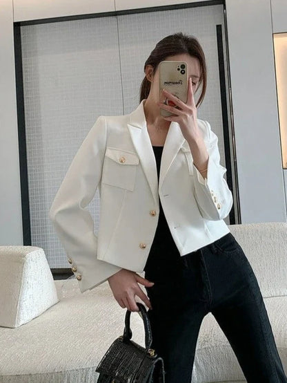 Women's New Petite Short White Suit Jacket Blazer Premium Casual Solid Color Spring Autumn Korean Style Elegant Temperament