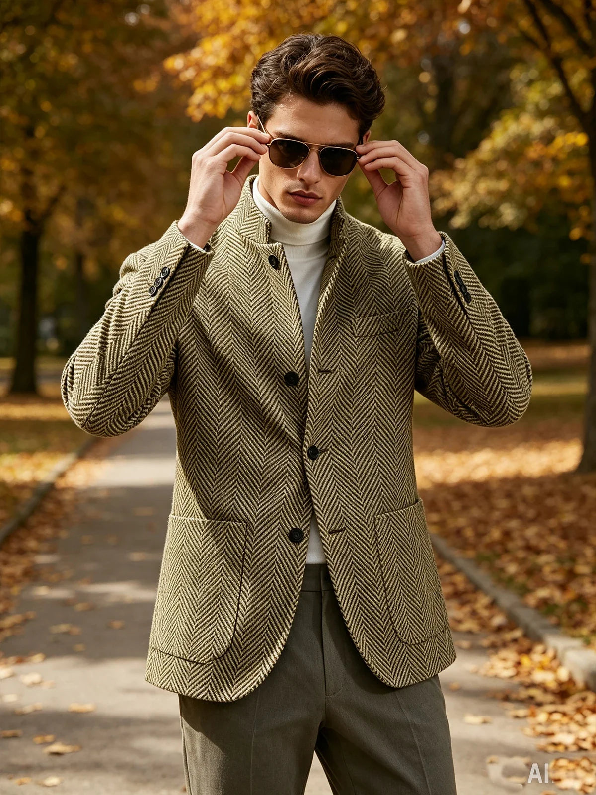 Men's Herringbone Tweed Stand Collar Blazer  Notch Lapel Slim Fit Wool Blend Sport Coat Business Casual Wedding Prom Man Jackets