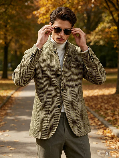 Men's Herringbone Tweed Stand Collar Blazer  Notch Lapel Slim Fit Wool Blend Sport Coat Business Casual Wedding Prom Man Jackets
