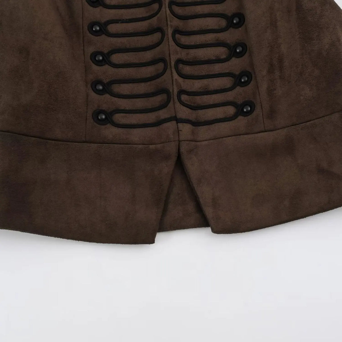 2026 Autumn Women's Fashion Suede Texture Short Vest Stand Up Collar Sleeveless Knot Button Retro Casual Waistcoat Jacket